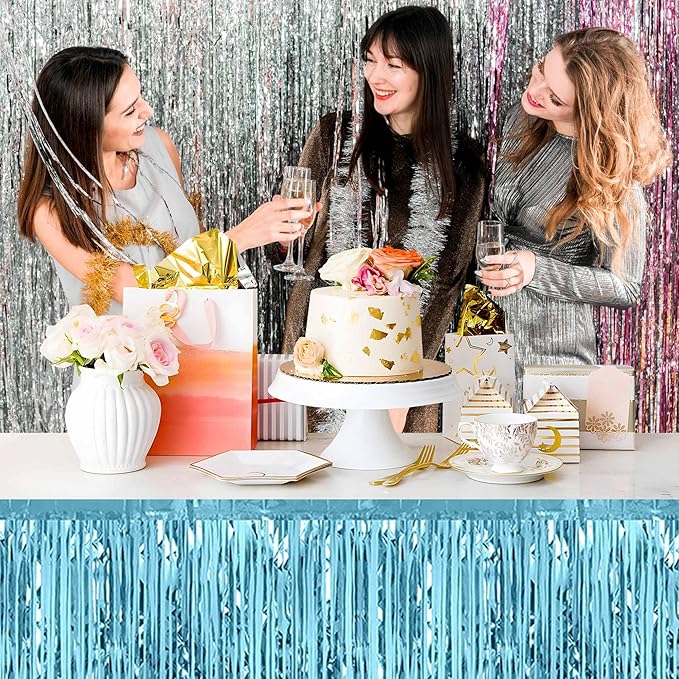 3 Pack 29 x108 Inch Light Blue Foil Fringe Table Skirts Metallic Banner - Image 4