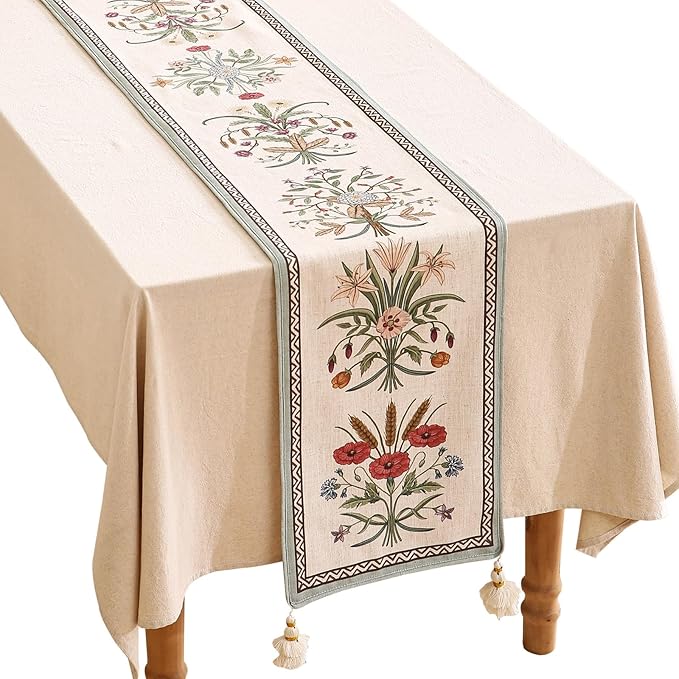 ISAENNE Designer French Country Linen Table Runner 102 Inches Long, Elegant by Isaennehomedecoration