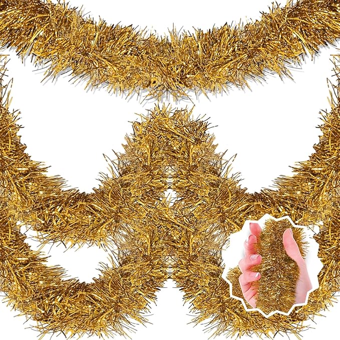 50 Feet Champagne Gold Christmas Tinsel Garland, Metallic Foil Twist Banner by LANTIANCHEN