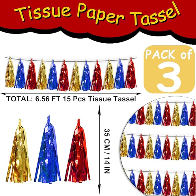3P Gold Blue Red Foil Fringe Tassel Banner Metallic Tinsel Streamer Garland - Image 2