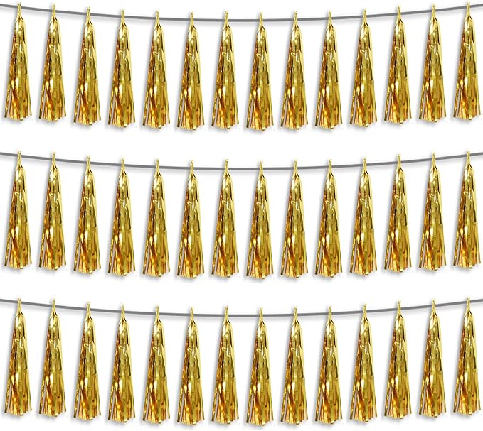 3P Gold Foil Fringe Metallic Tassel Streamers Banner Tassel Garland by HYSILLA