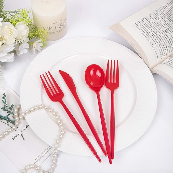 PULOTE 150PCS Red Plastic Silverware Set - Image 3