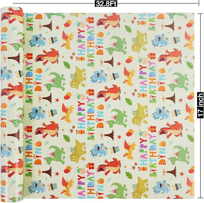 Aimyoo Dinosaur Birthday Wrapping Paper Roll - Image 3