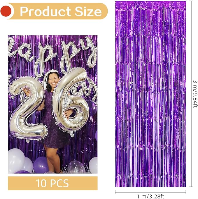 10 Pack Purple Foil Curtain Backdrop 3.2ft x 9.8ft Black Metallic Tinsel Foil - Image 3