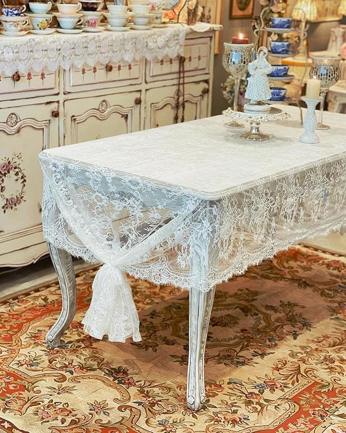Lace Tablecloth White Wedding Tablecloths 60x120 Inch Vintage Rustic Farmhouse - Image 3