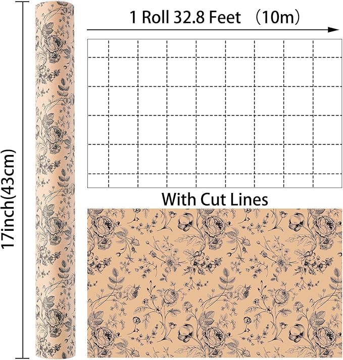 Ulmasinn Kraft Floral Wrapping Paper Roll - Image 3