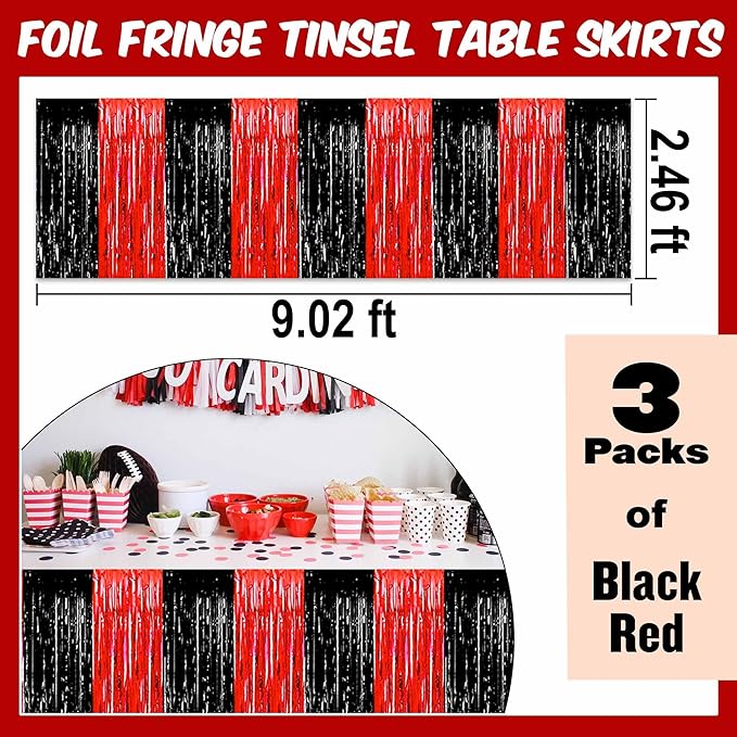 3 Pack 29 x108 Inch Black and Red Foil Fringe Table Skirts Metallic Banner - Image 3