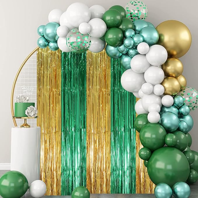 2 Pack Green and Gold Foil Fringe Backdrop Curtains, Tinsel Streamers Party - Image 7