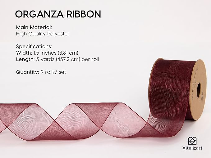 Vitalizart 1.5" x 45 Yards Organza Ribbon Set 9 Rolls x 5 Yd Sheer Ribbon - Image 2