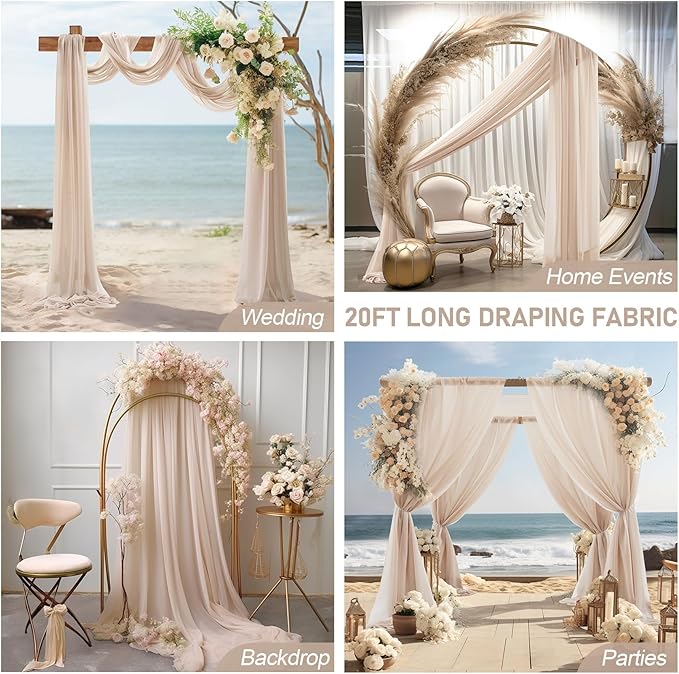 30" x 20Ft Wedding Arch Draping Fabric, 3 Panels Dark Champagne Sheer Curtain - Image 7