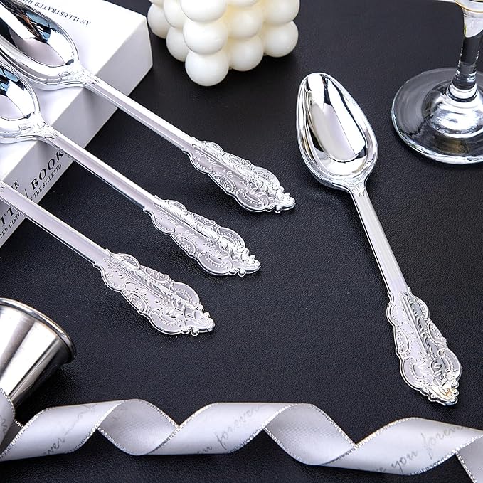 WDF 100 Piece Silver Plastic Spoons Disposable - Image 6