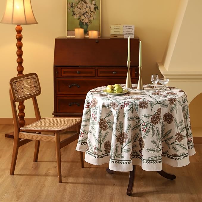 ISAENNE Designer Christmas Beige Linen Small Round Tablecloth, Pinecones - Image 9