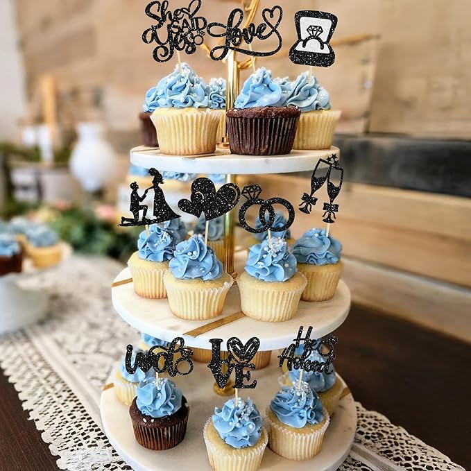 Ephlyn 30Pcs He Asked She Said Yes Cupcake Toppers Glitter Engagement Cupcake - Image 5