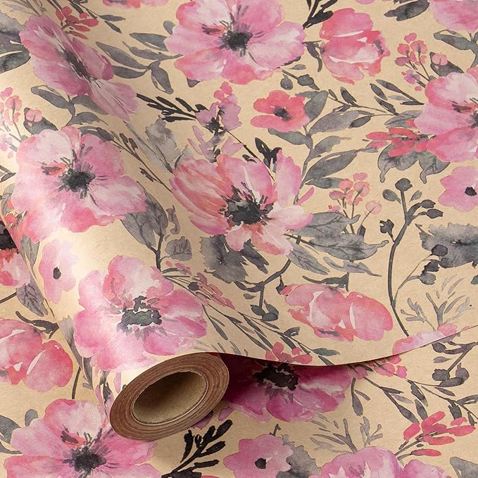 RUSPEPA Pink Wrapping Paper Roll, 17 in x 16.4 ft, Mini Roll, Floral Wrapping by RUSPEPA