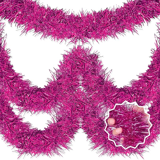 50 Feet Fuchsia Christmas Tinsel Garland, Metallic Foil Twist Banner Wall by LANTIANCHEN