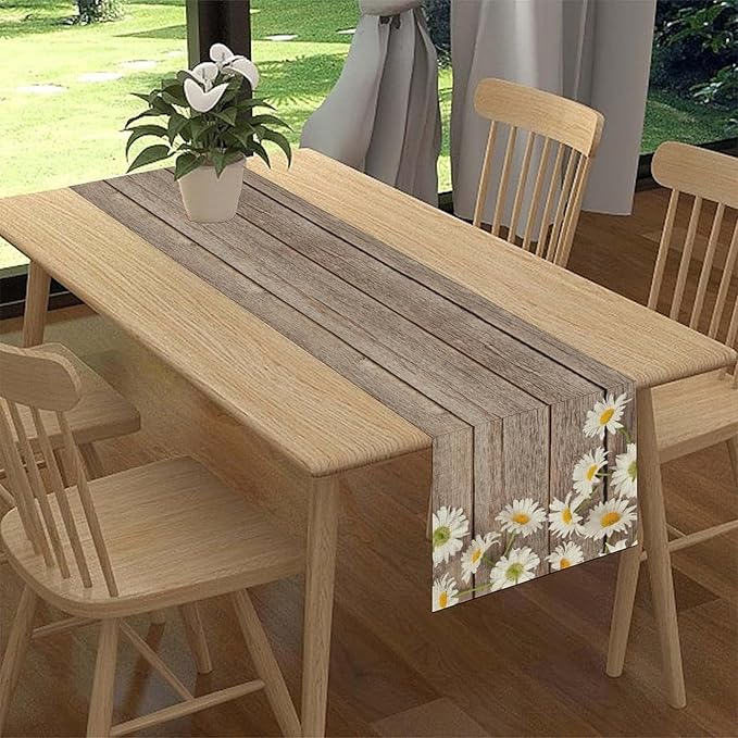 Farmhouse Floral Table Runner, Spring Seasonal Daisy Flower Retro Wooden - Image 3