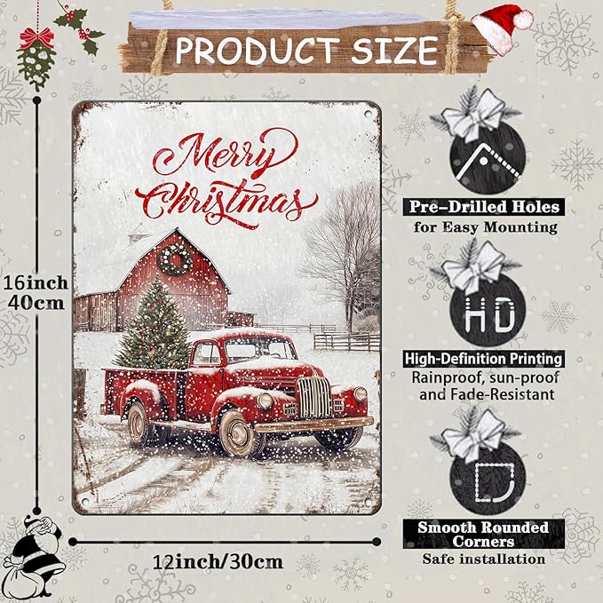 Vintage Christmas Red Truck Tin Sign Merry Christmas Truck Christmas Tree Metal - Image 2