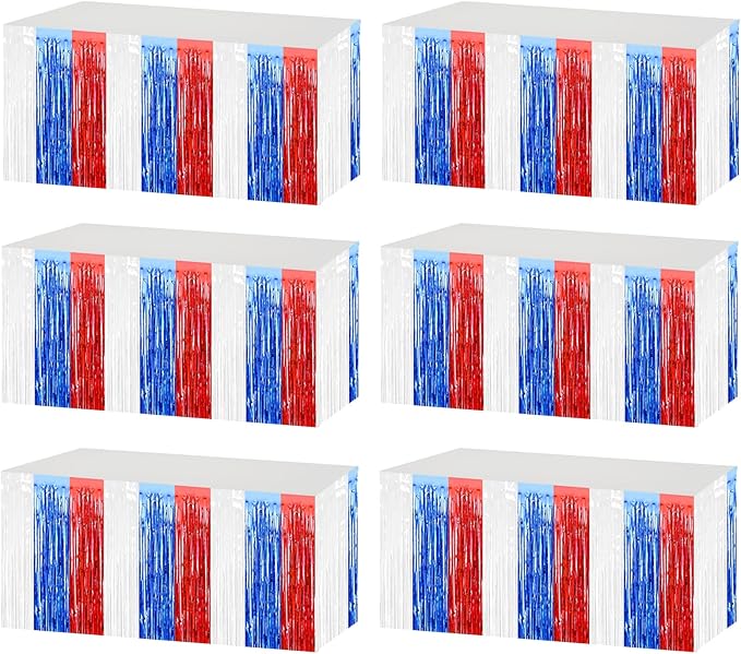6 Pack 29x108 Inch Red Blue White Metallic Foil Fringe Tinsel Table Skirts by AIKENLIN