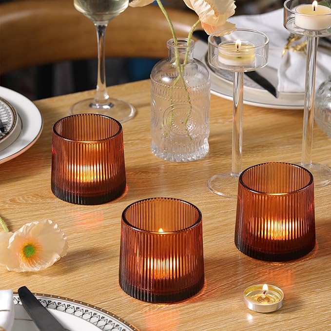 Amber Ribbed Tealight Votive Candle Holders- 6Pack Glass Candle Holders - Image 4