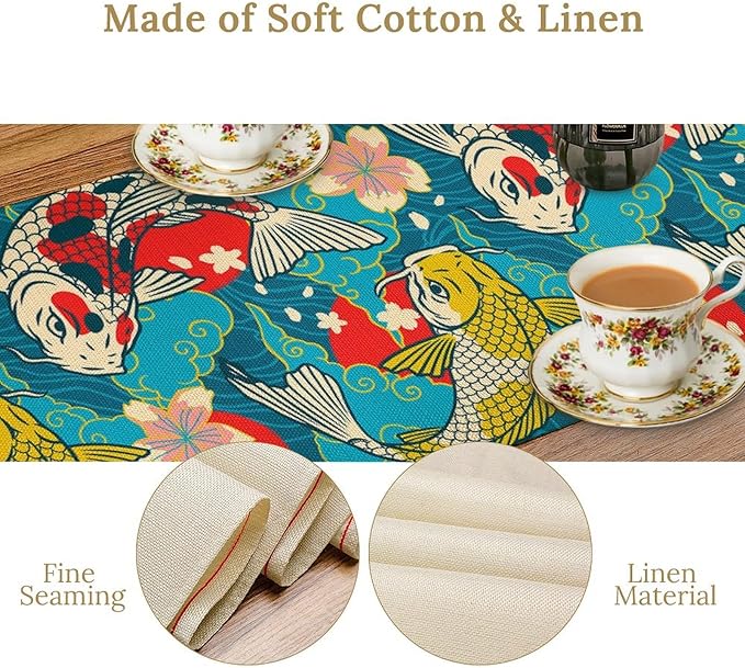 Japanese Kio Fish Table Runner Oriental Tradition Cherry Art Printed Burlap - Image 4