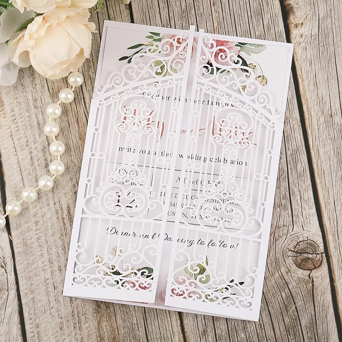 50Pcs White Laser Cut Invitations Fence Wedding Invitations Pocket by AdasBridal