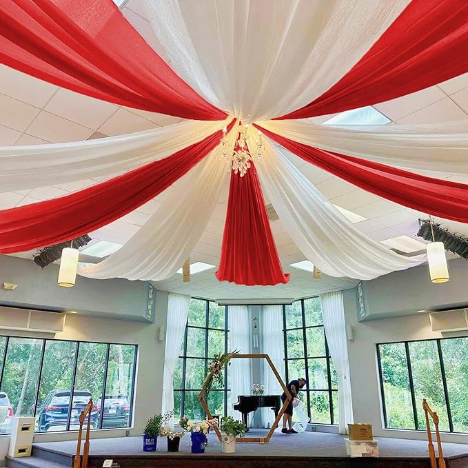 MODFUNS Red Ceiling Drapes for Weddings 5x30ft 6 Panels Chiffon Ceiling Curtain - Image 5