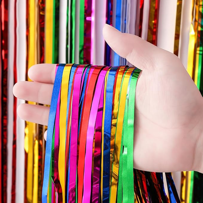 2 Pack 3.3x8.2 Feet Rainbow Foil Fringe Backdrop Curtains, Tinsel Streamers - Image 2