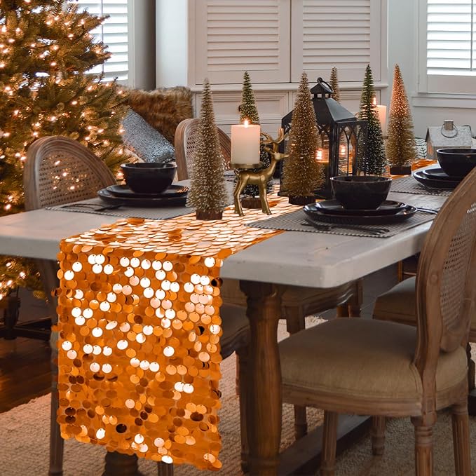 VHH Sequin Table Runner 12 x 108 inches Orange Table Runner, Glitter Runner - Image 2