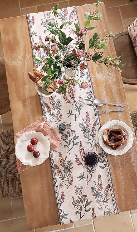ISAENNE Designer Light Beige Linen Table Runner 87 Inches Long, Vintage Floral - Image 9