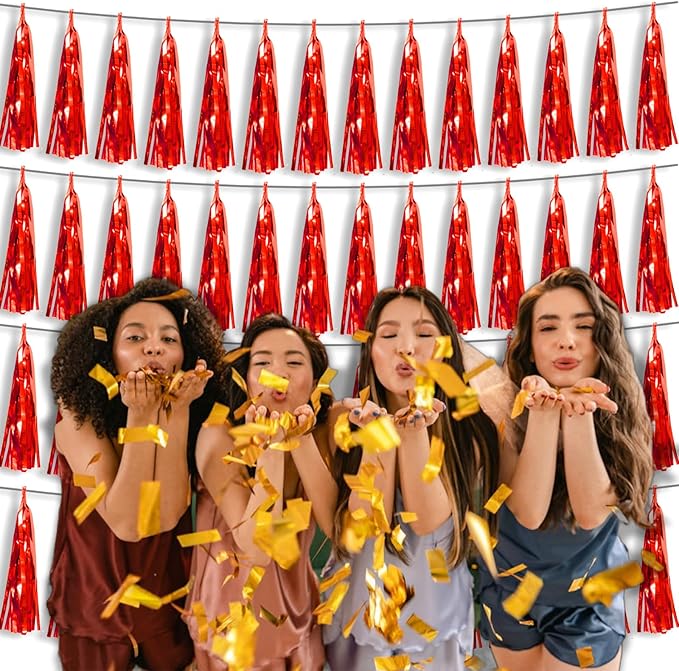 4P Red Foil Fringe Tassel Banner Garland Metallic Tinsel Streamers Wall Hanging - Image 6