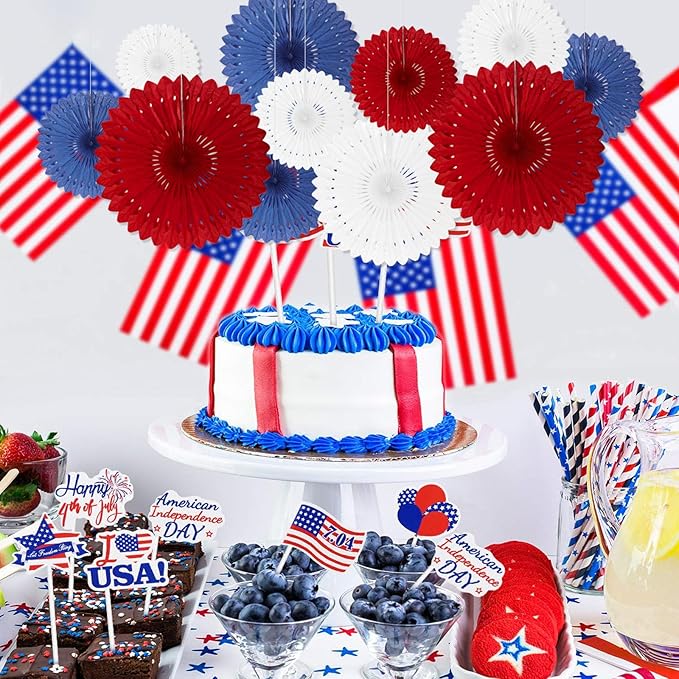 18 Pcs Red White Blue Hanging Paper Fan, Hanging Honeycomb Round Paper Fans - Image 5