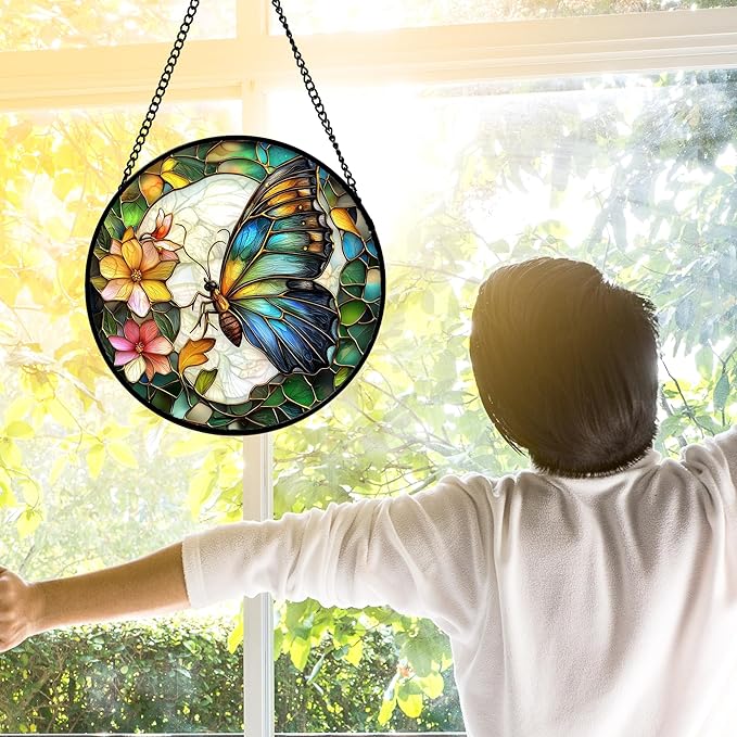 Stained Glass Window Hanging, Butterfly Flower Sun Catchers Diamond Glass Panel - Image 4