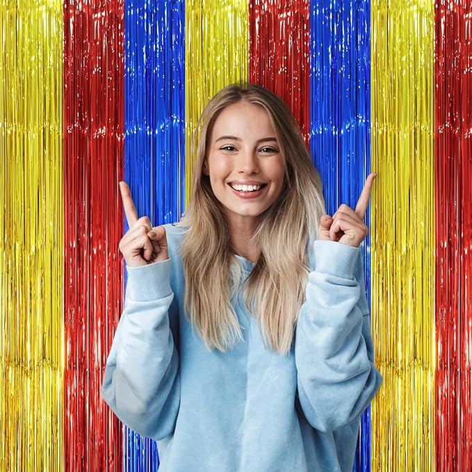 2 Pack Blue Red Gold Foil Fringe Backdrop Curtains, Tinsel Streamers Party - Image 5