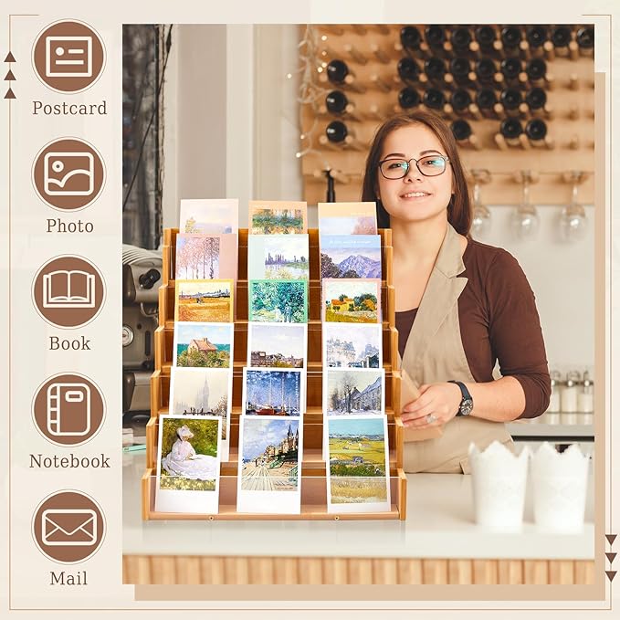 6 Tier Greeting Card Display Stand Wood Color Bamboo and Acrylic Sticker - Image 6