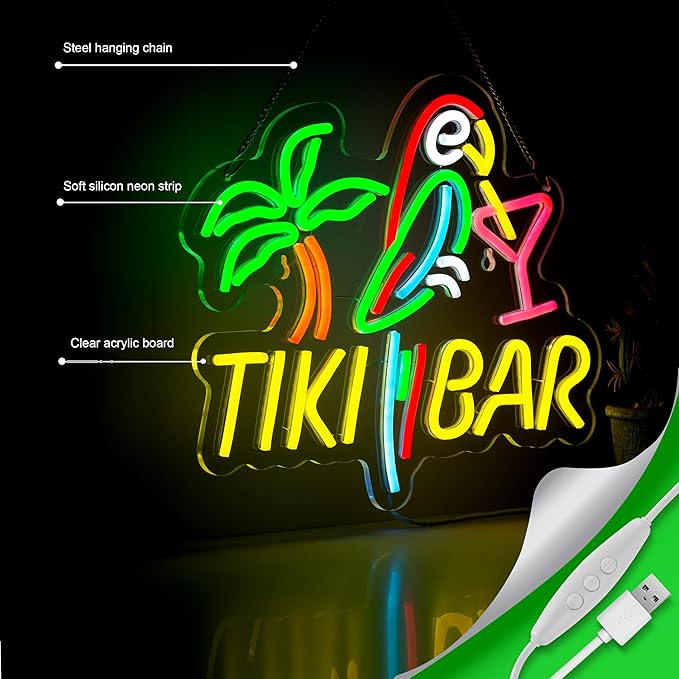 Tiki Bar Neon Sign for Wall Décor Dimmable LED Parrot Palm Tree Cocktails Signs - Image 5