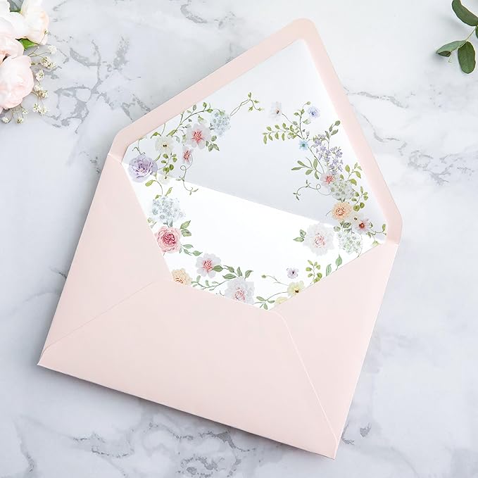 PONATIA 50PCS A7 Euro Flap Envelopes, 5.25 x 7.25'' Blush Pink Flowers Liner - Image 3