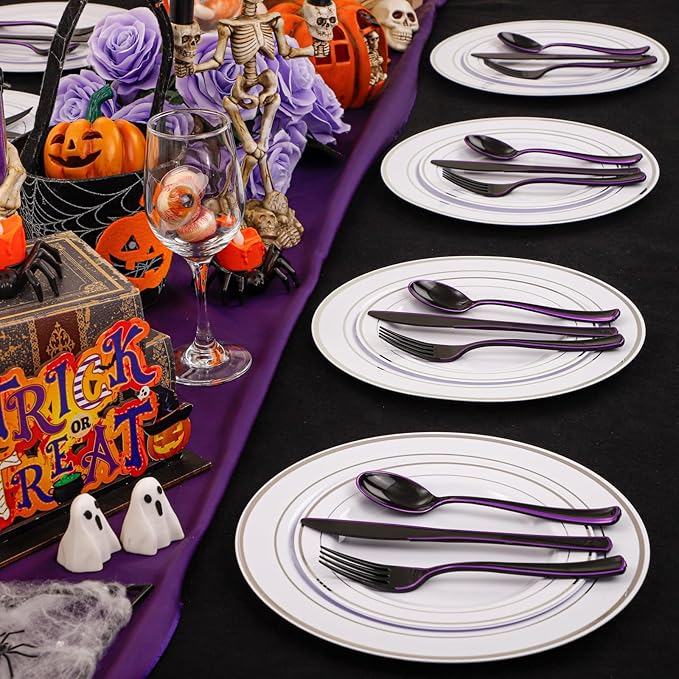 WDF 180 Pieces Black and Purple Halloween Plastic Silverware - Image 2