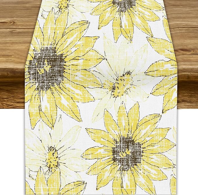 Chrysanthemum Vintage Floral Table Runner, Elegant Grunge Gray Sunflower Spring by ShiTingYu