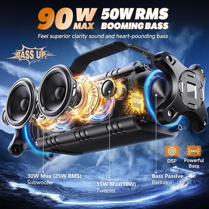 W-KING Bluetooth Speaker, 90W Max Portable Outdoor Speaker Loud, IPX6 - Image 2