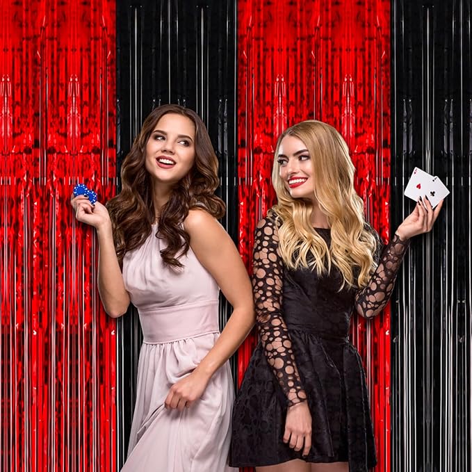 2 Pack 3.3x8.2 Feet Red and Black Foil Fringe Backdrop Curtains, Tinsel - Image 7