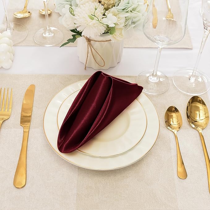 50 Pieces Burgundy Satin Napkins, Silky Soft Smooth Washable Napkins - Image 4