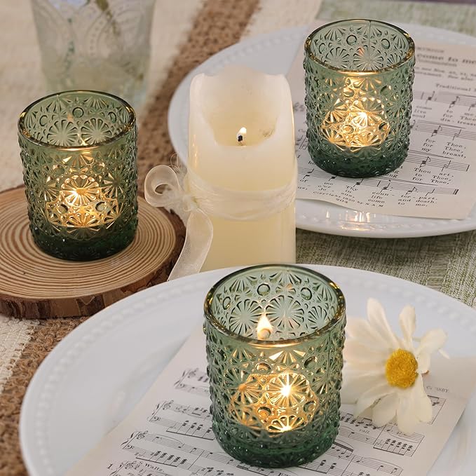 Green Votive Candle Holder Set of 36, Flower Tea Lights Candles Holders - Image 3