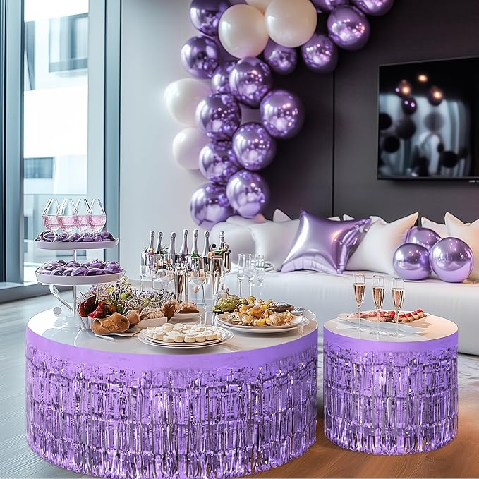 2 Pack Light Purple Table Skirts, 29x108" Metallic Foil Tinsel Fringe Table - Image 9