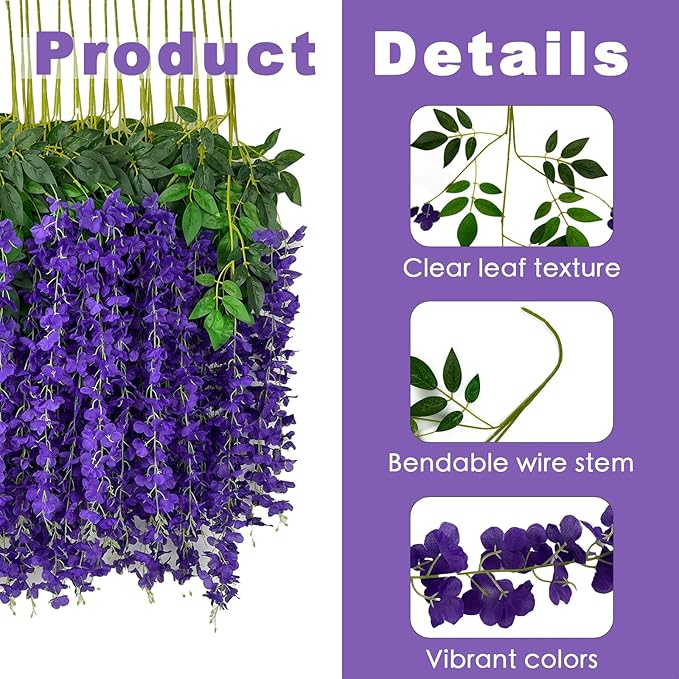 24 Pcs of Wisteria Hanging Flowers, 3.75 Feet Fake Wisteria Flower Strings - Image 2