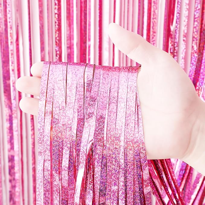 2 Pack 3.3x8.2 Feet Laser Pink Foil Fringe Backdrop Curtains, Tinsel Streamers - Image 2