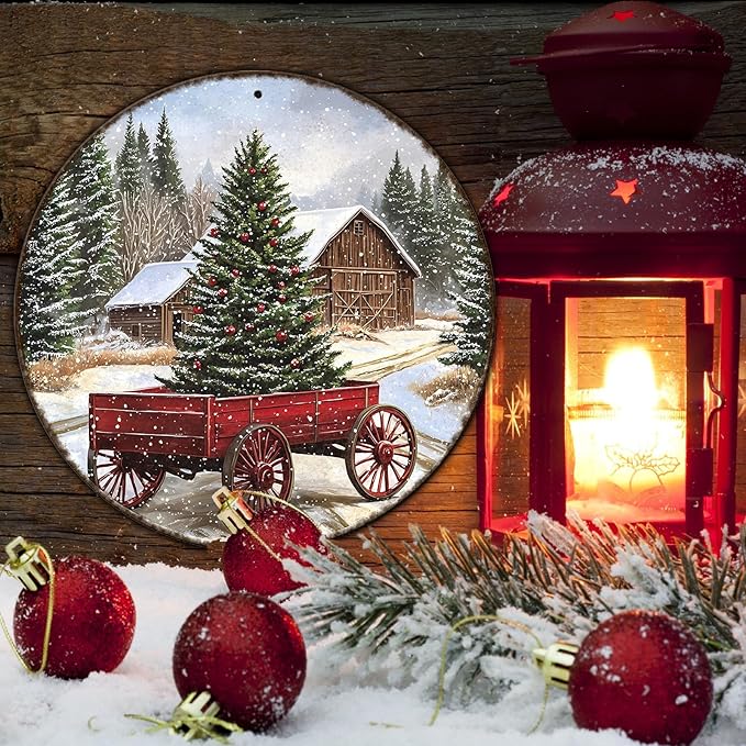 Round Barn Christmas Trees Metal Tin Sign Christmas Vintage Tin Sign Poster - Image 5