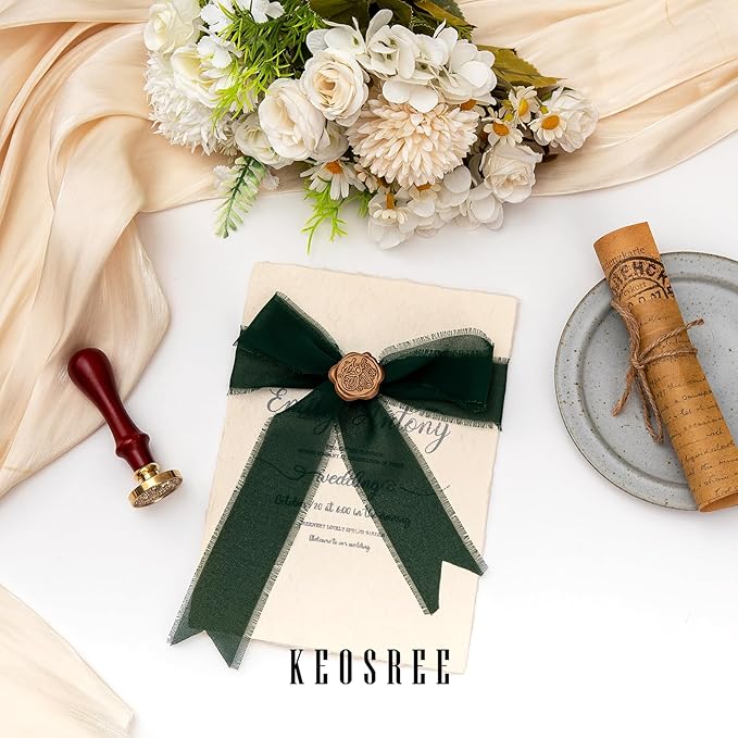 3 Rolls Dark Green Handmade Chiffon Ribbon, 1.5" x 21Yd Frayed Fringe Silk - Image 5