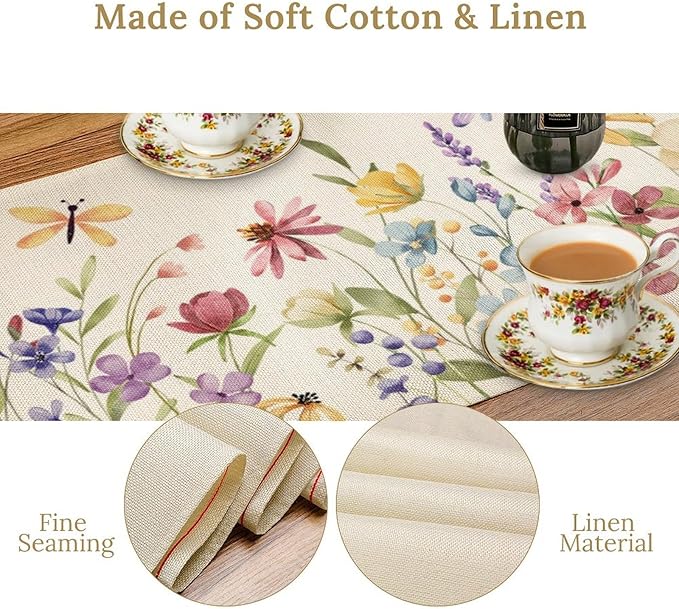 Watercolor Floral Table Runner, Colorful Spring Summer Nature Flower Dragonfly - Image 4