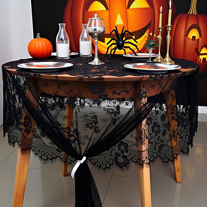 Black Tablecloth Halloween Lace Table Fabric 2pcs 60x120 Inch - Image 5