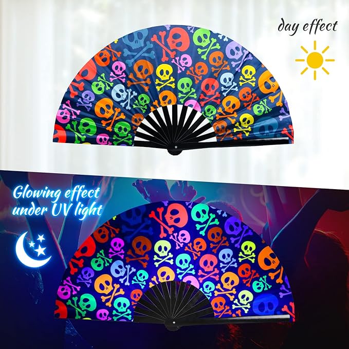 SYNTECSO Folding Hand Fan for Rave, UV Glow Fan, Large Bamboo Fan for Drag Queen - Image 5